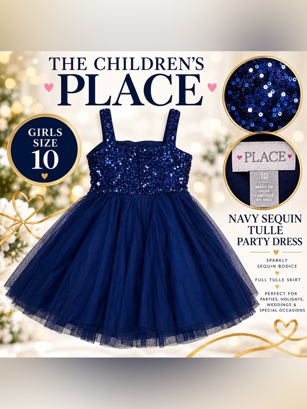 The Children’s Place Girls Navy Sequin Tulle Party Dress Size 10
